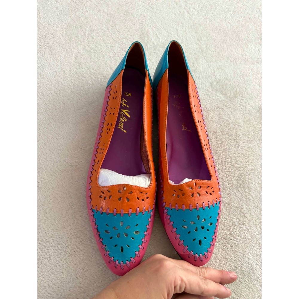 Vtg 90s AJ Valenci Womens 10 Multi Color Flats Leather Colorblock Whipstitch